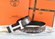 Hermes Reversible Belt Brown/Black Crocodile Stripe Leather With18K White Silver Narrow H Buckle