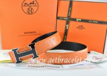 Hermes Reversible Belt Orange/Black Ostrich Stripe Leather With 18K Black Gold Width H Buckle