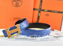 Hermes Reversible Belt Blue/Black Ostrich Stripe Leather With 18K Orange Gold Width H Buckle