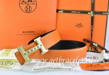 Hermes Reversible Belt Orange/Black Togo Calfskin With 18k Gold Weave Stripe H Buckle