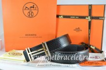Hermes Reversible Belt Black/Black Snake Stripe Leather With 18K Gold H au Carre Buckle