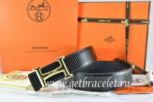 Hermes Reversible Belt Black/Black Snake Stripe Leather With 18K Gold Idem With Logo Buckle