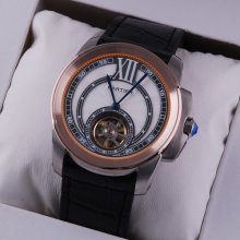 Calibre de Cartier Flying Tourbillon mens watch two-tone pink gold and steel black leather strap