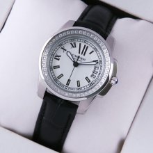 Calibre de Cartier diamond womens watch replica silver dial steel black leather strap
