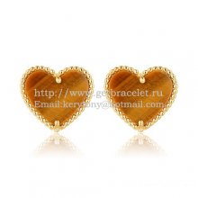 Van Cleef & Arpels Sweet Alhambra Heart Earrings Yellow Gold With Tiger's Eye Mother Of Pearl