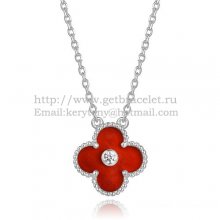 Van Cleef & Arpels Vintage Alhambra Pendant White Gold With Carnelian Mother Of Pearl Round Diamonds