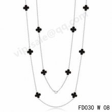 Fake Van Cleef & Arpels Vintage Alhambra Necklace In White Gold With Onyx