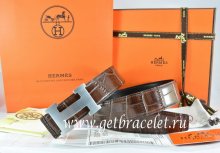 Hermes Reversible Belt Brown/Black Crocodile Stripe Leather With18K Silver H Buckle