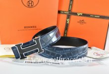 Hermes Reversible Belt Blue/Black Crocodile Stripe Leather With18K Black Silver Width H Buckle