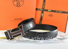 Hermes Reversible Belt Black/Black Crocodile Stripe Leather With18K Black Gold Width H Buckle