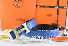 Hermes Reversible Belt Blue/Black Ostrich Stripe Leather With 18K Gold Weave Stripe H Buckle