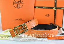 Hermes Reversible Belt Orange/Black Ostrich Stripe Leather With 18K Gold Lace Strip H Buckle
