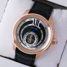 Calibre de Cartier Flying Tourbillon pink gold mens watch black dial and leather strap