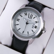 Calibre de Cartier quartz replica watch for men steel black leather strap