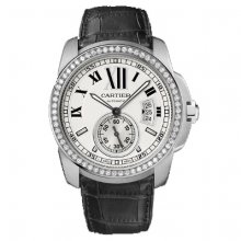 Calibre de Cartier automatic diamond watch WF100003 steel black leather strap
