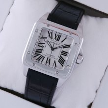 Cartier Santos 100 midsize swiss automatic watch stainless steel black alligator strap