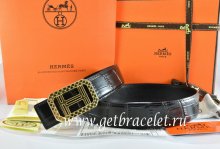 Hermes Reversible Belt Black/Black Crocodile Stripe Leather With18K Gold Lace Strip H Buckle