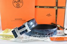 Hermes Reversible Belt Blue/Black Crocodile Stripe Leather With18K Silver Geometric Stripe H Buckle
