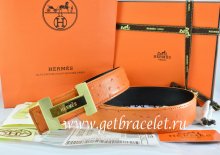 Hermes Reversible Belt Orange/Black Ostrich Stripe Leather With 18K Gold H Logo Buckle