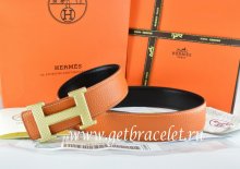 Hermes Reversible Belt Orange/Black Togo Calfskin With 18k Gold Wave Stripe H Buckle